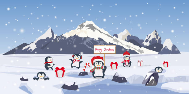 ilustrações de stock, clip art, desenhos animados e ícones de penguins on a frozen lake in a snowy and mountain landscape as merry christmas concept. vector illustration. - iceberg banner animal bird