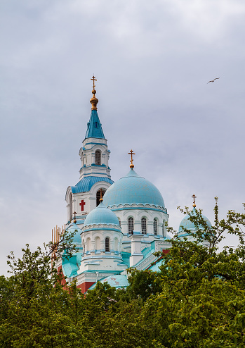 Transfiguration Cathedral of the Valaam Monastery against the background of the cloudy sky. Valaam Island, Karelia, Russia