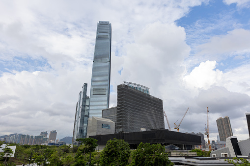 General view of the Cullinan complex, International Commerce Centre and  M+ Museum at in West Kowloon, Hong Kong.