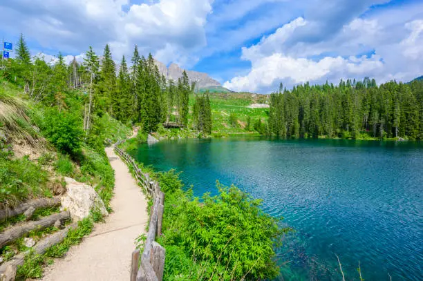 Paradise scenery at Karersee (Lago di Carezza, Carezza lake) in Dolomites of Italy at Mount Latemar, Bolzano province, South tyrol. Blue and crystal water. Travel destination of Europe.