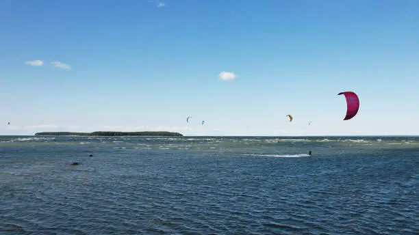Photo of Aerial view of kiteboarding on Baltic Sea.