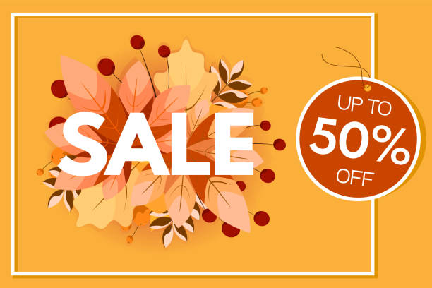 istock Autumn sale 50% off. Label, template, banner with colorful leaves. Vector Illustration. 1334316324