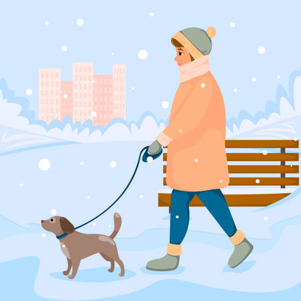 istock Girl walking with dog on leash in winter park. Vector illustration. 1334317068