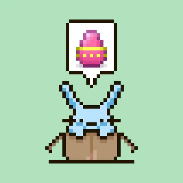 Vector illustration of simple flat pixel art illustration of cartoon cute bunny sitting in a cardboard box with an Easter egg in a speech bubble over his head