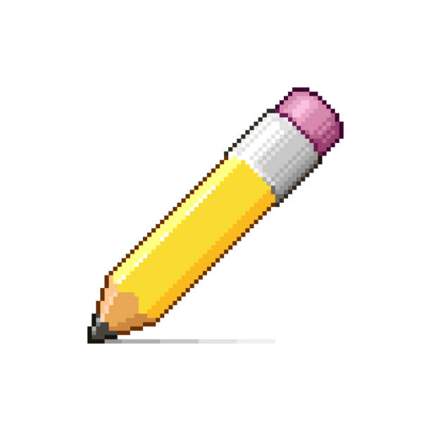 illustrazioni stock, clip art, cartoni animati e icone di tendenza di semplice illustrazione pixel art piatta di matita giallo cartone animato con gomma rosa sulla schiena - pencil yellow single object office