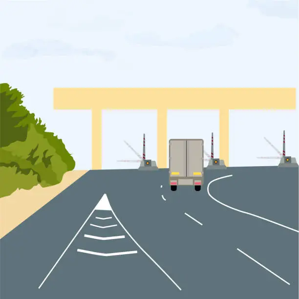 Vector illustration of Checkpoint of collection on autobahn and toll road . Car and roadside point. Highway toll area with transport. Vector stock illustration