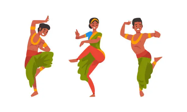 Vector illustration of Young Man and Woman Indian Dancer with Bindi in Traditional Clothes Performing Folk Dance Vector Set