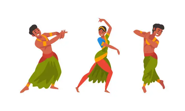 Vector illustration of Young Man and Woman Indian Dancer with Bindi in Traditional Clothes Performing Folk Dance Vector Set