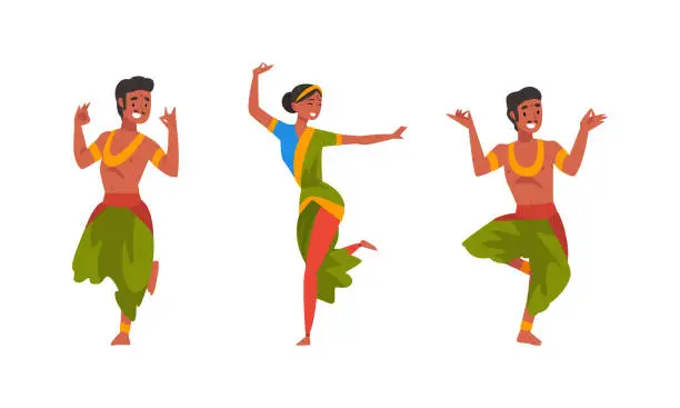 Vector illustration of Young Man and Woman Indian Dancer with Bindi in Traditional Clothes Performing Folk Dance Vector Set