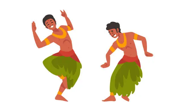 Vector illustration of Young Man Indian Dancer with Bindi in Traditional Clothes Performing Folk Dance Vector Set