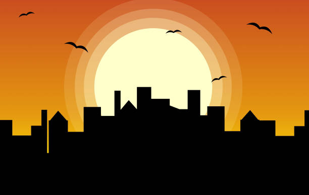 太陽とオレンジの夜空の背景を持つ街の4kシルエット。 - bat moon outdoors nature点のイラスト素材／クリップアート素材／マンガ素材／アイコン素材
