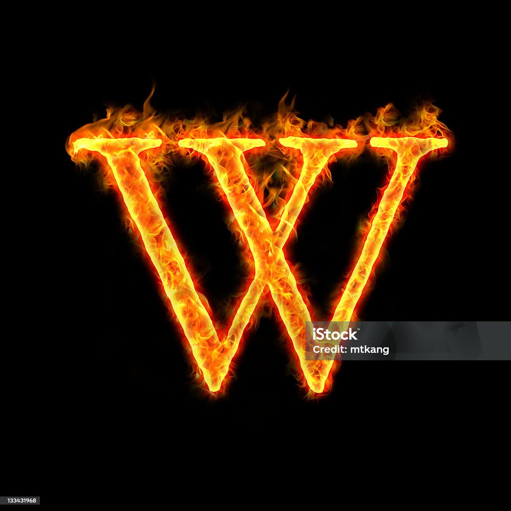 fire alphabets, W fire alphabets in flame, letter W Black Color Stock Photo