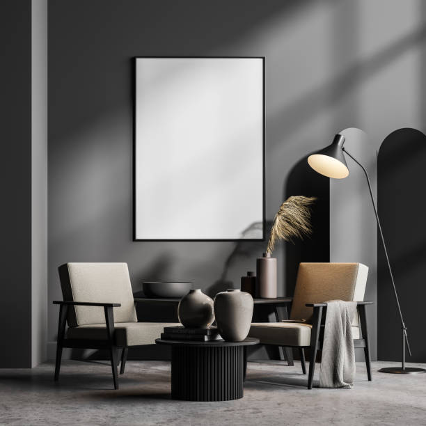 istock Mock up empty posters on the wall. Modern living room interior. Stone floor and stylish furniture. Concept of contemporary design. 1334322589