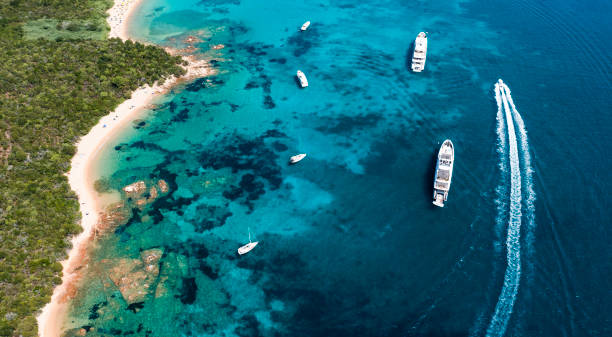 View from above, stunning aerial view of a green coastline with a white sand beach and and boats sailing on a turquoise water at sunset. Cala di volpe beach, Costa Smeralda, Sardinia, Italy. View from above, stunning aerial view of a green coastline with a white sand beach and and boats sailing on a turquoise water at sunset. Cala di volpe beach, Costa Smeralda, Sardinia, Italy. Cala Di Volpe stock pictures, royalty-free photos & images