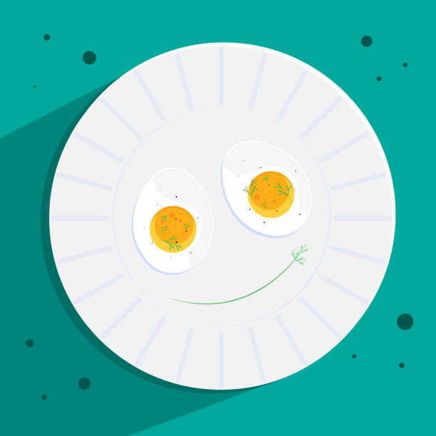 illustrations, cliparts, dessins animés et icônes de oeuf à l’aneth dans une assiette blanche sur fond bleu. illustration vectorielle. journée nationale de l’œuf. sourire. - oeuf poché