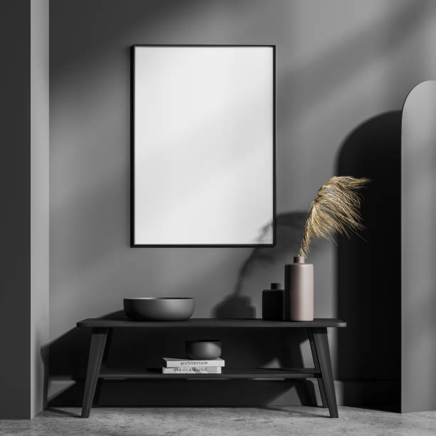 istock Mock up empty posters on the wall. Modern living room interior. Stone floor and stylish furniture. Concept of contemporary design. 1334322894