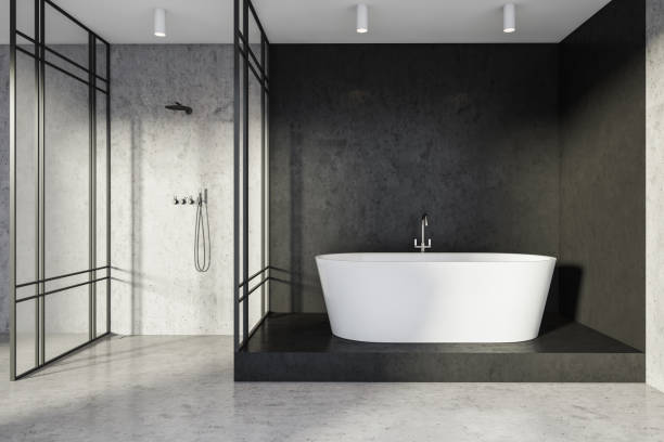 istock Black stone bathroom with grey shower cabin 1334323334