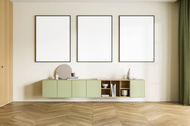 istock Three banners with pistachio shelf in the empty living room interior 1334324048