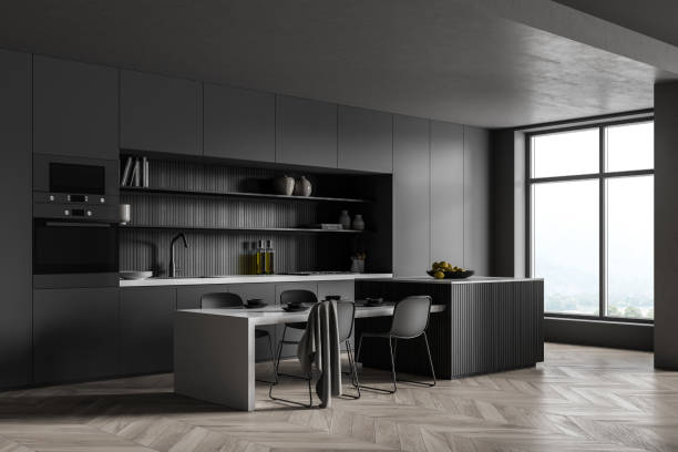 istock Corner of panoramic kitchen room with square niche in cabinet, dark grey 1334324129