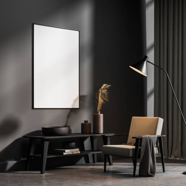 istock Mock up empty posters on the wall. Modern living room interior. Stone floor and stylish furniture. Concept of contemporary design. 1334324263