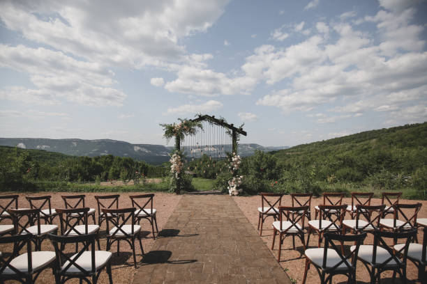 istock Wedding arch on boho style with white flowers in park with light bulbs. 1334327150
