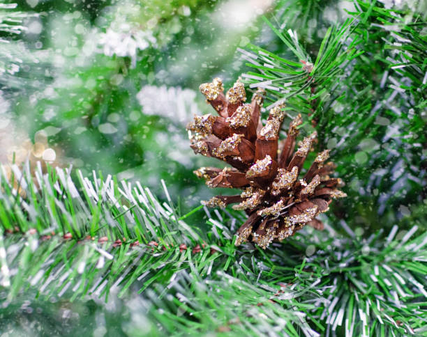 istock pine cone on the background of green artificial branches of a Christmas tree. 1334332103
