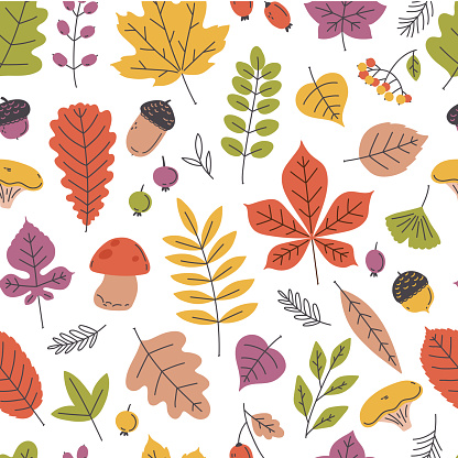 Pattern with flat autumn leaves, mushrooms and acorns. Colored autumn seamless background.
