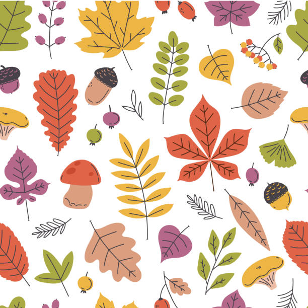 Pattern with autumn cute leaves Pattern with flat autumn leaves, mushrooms and acorns. Colored autumn seamless background. goodbye stock illustrations