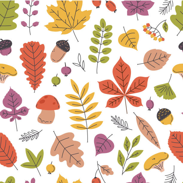 Pattern with autumn cute leaves Pattern with flat autumn leaves, mushrooms and acorns. Colored autumn seamless background. cartoon of the saying goodbye stock illustrations