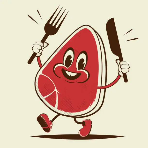 Vector illustration of funny steak retro cartoon illustration