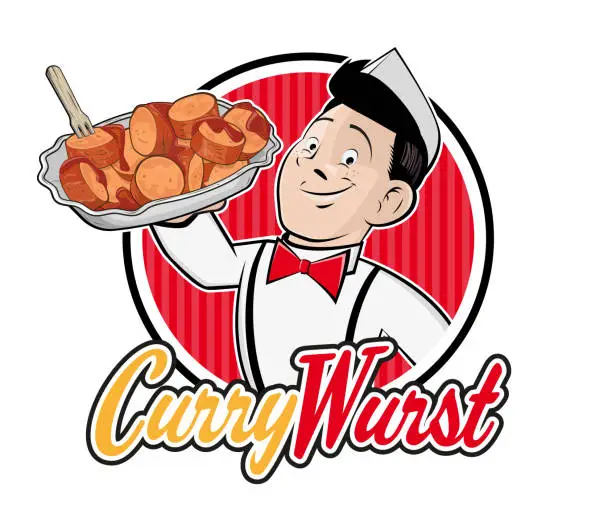 Vector illustration of funny cartoon sign of a boy serving German specialty Currywurst