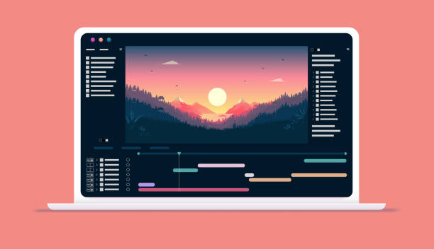 Video software on laptop computer screen Application for editing videos with timeline and user interface. Vector illustration editing equipment stock illustrations