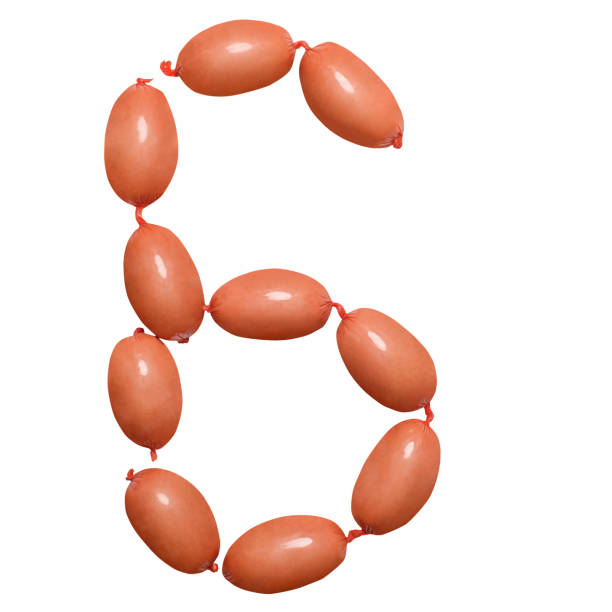 Number 6 six arranged from sausage isolated on white background with clipping path. Number 6 six arranged from sausage isolated on white background with clipping path. Delicious Sausage Alphabet as metaphor, concept restaurant, grocery and bbq creative idea. l glycine stock pictures, royalty-free photos & images