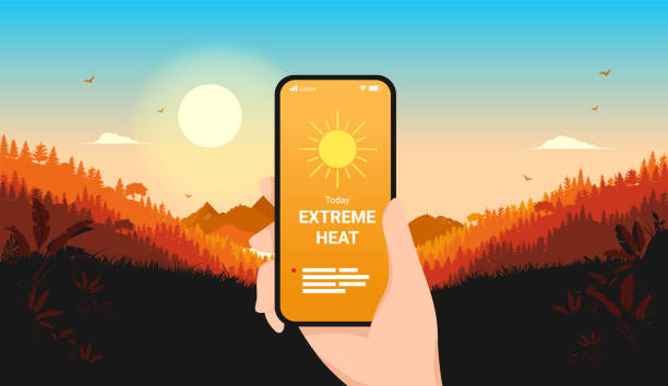 Extreme heat weather forecast on smartphone Hand holding phone in landscape with warm sun. Heat wave and sunny weather concept. Vector illustration. heatwave stock illustrations