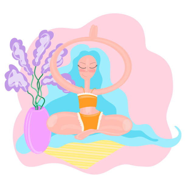 illustrazioni stock, clip art, cartoni animati e icone di tendenza di la donna sta meditando in natura su uno sfondo bianco isolato - white background yoga backgrounds relaxation exercise