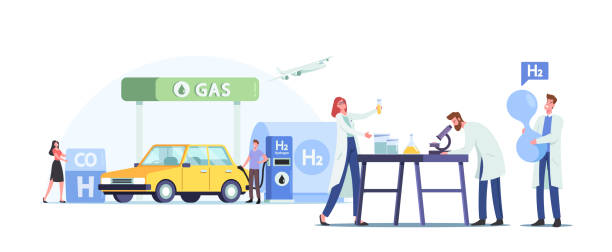 illustrazioni stock, clip art, cartoni animati e icone di tendenza di personaggi rifornimento auto con idrogeno combustibile sulla stazione. uomo pompando benzina o gas per ricaricare il riempimento automatico del veicolo - gasoline electricity biofuel car