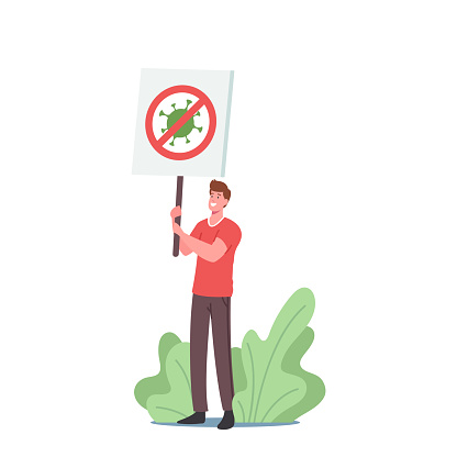 Male Character Holding Banner with Crossed Coronavirus Cell, Ending of Covid Lockdown Concept. Demonstration against Pandemic Quarantine Restrictions, Riot. Cartoon Vector Illustration