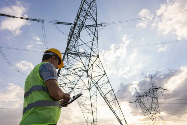 Photo of Engineers in front of power plant using digital tablet