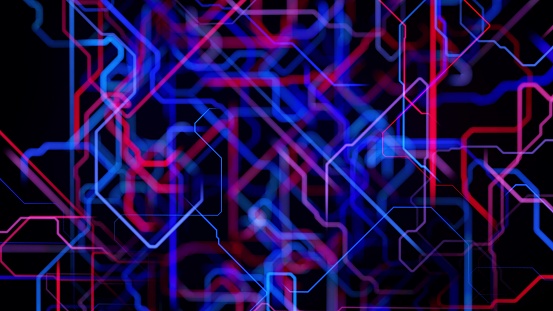 Motion graphics, sci-fi bg with flow of blue red neon glow lines form digital 3d space. Connection concept. Visualization of neural network operation, multiple calculations ai. 3d render.