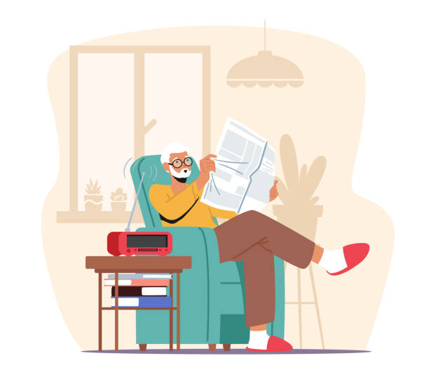Aged Male Character Hobby, Relaxed Sparetime, Leisure in Nursing Home. Senior Grey Haired Man Reading Newspaper Aged Male Character Hobby, Relaxed Sparetime, Leisure in Nursing Home. Senior Grey Haired Man in Glasses Sitting in Armchair Reading Newspaper and Listening Music on Radio. Cartoon Vector Illustration old person listening to radio stock illustrations