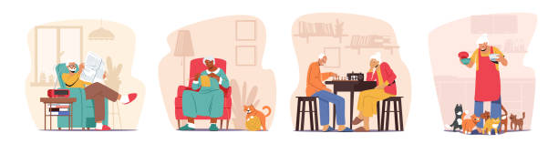 Elderly People Hobbies Concept. Old Men and Women Reading Newspaper, Feed Cats, Playing Chess and Knit Clothes Elderly People Hobbies Concept. Old Men and Women Reading Newspaper, Feed Cats, Playing Chess and Knit Clothes. Seniors Retirement Lifestyle, Sparetime Activity, Leisure. Cartoon Vector Illustration senior chess stock illustrations