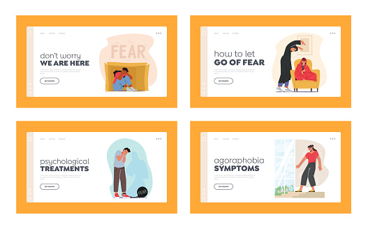 Characters with Fear Mental Problems Landing Page Template Set. Agoraphobia, Introversion Disorder, Depression or Schizophrenia. Neurological Psychological Sickness. Cartoon People Vector Illustration