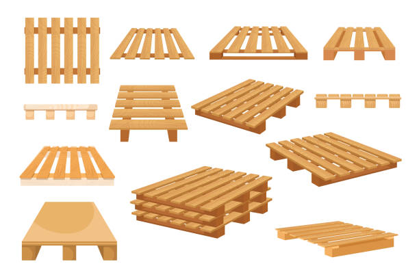 Set of Icons Wooden Pallets Isolated on White Background. Wood Palettes for Stacking Freight from Different Sides Set of Icons Wooden Pallets Isolated on White Background. Wood Palettes for Stacking Freight from Different Sides. Warehousing, Cargo, Transportation Logistics Equipment. Cartoon Vector Illustration pallet industrial equipment stock illustrations