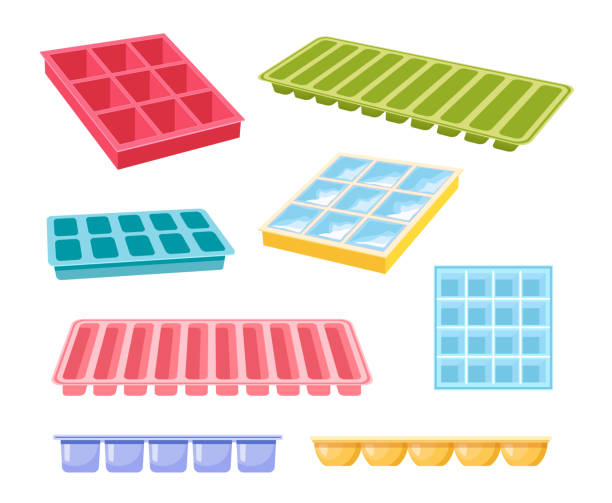 ilustrações de stock, clip art, desenhos animados e ícones de set of icons ice cube trays of different colors and shapes isolated on white background. equipment for freezing water - plastic tray