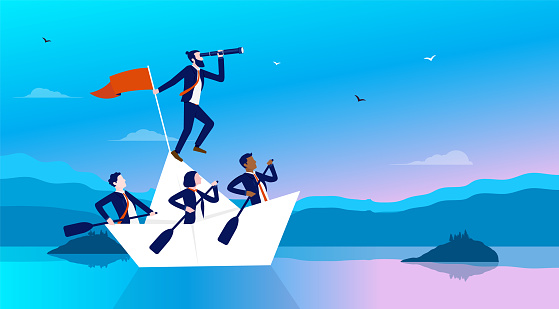 Team of businesspeople in paper ship finding the way forward. Manager and team leader concept, vector illustration.