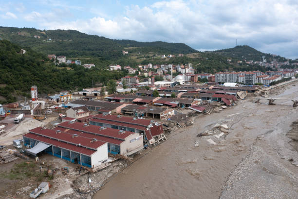 Floods hit Turkey’s Black Sea provinces. Aerial view. stock photo