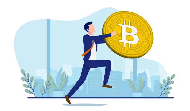 Vector illustration of Businessman running away with bitcoin