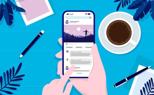 Using social media at home top view vector illustration Hand holding phone and checking SOME with table in background. scrolling stock illustrations