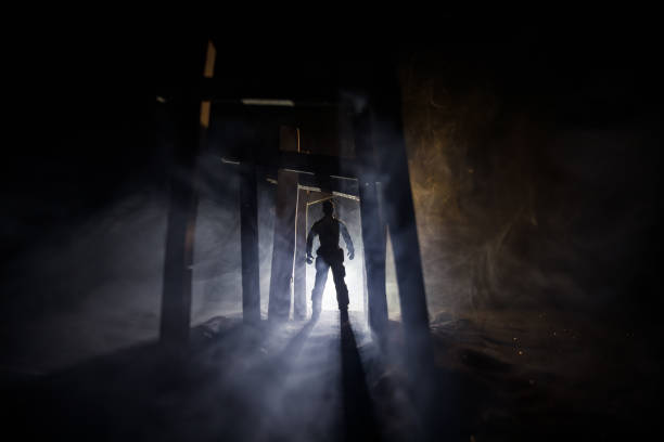 istock Creative artwork decoration. Abstract Japanese style wooden tunnel at night. Selective focus 1334342066