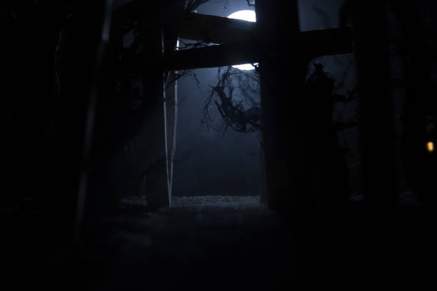 Creative artwork decoration. Abstract Japanese style wooden tunnel at night. Night scene in fantasy forest. Selective focus